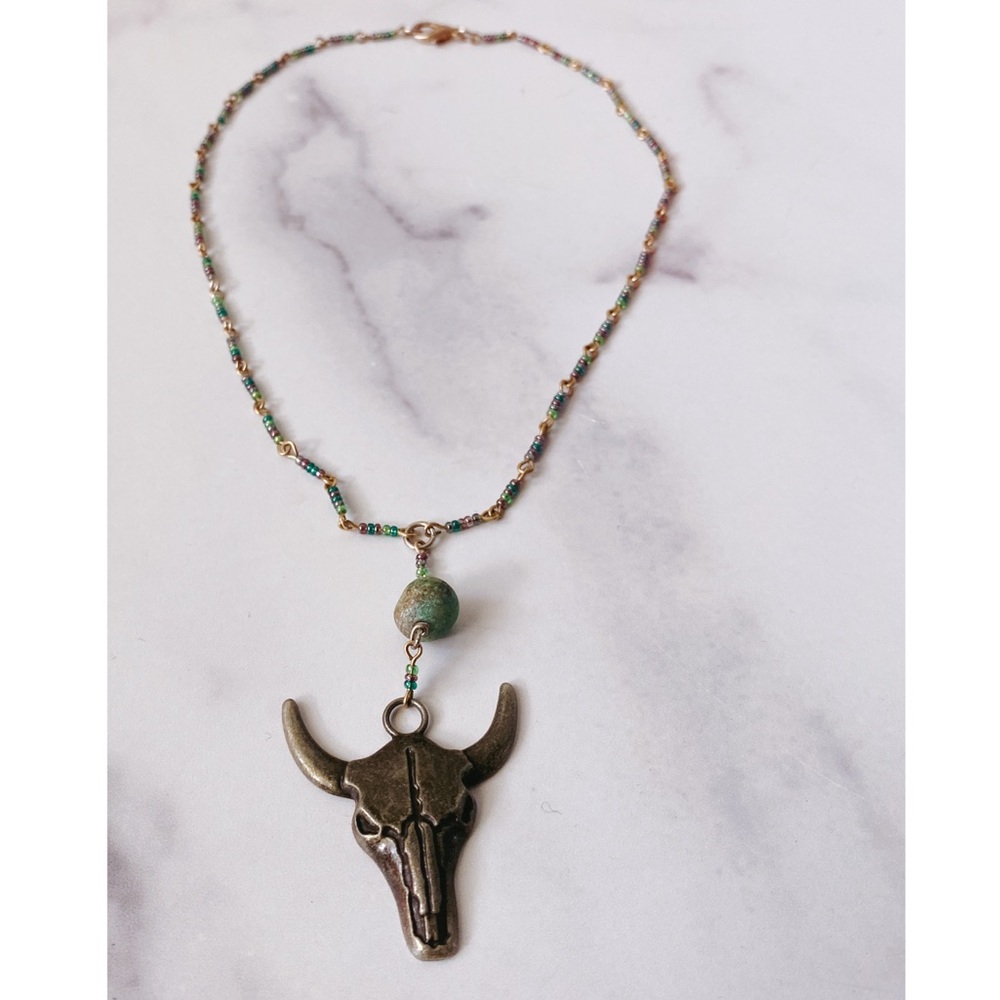 One of a Kind Boho Cow Skull Lariat Necklace